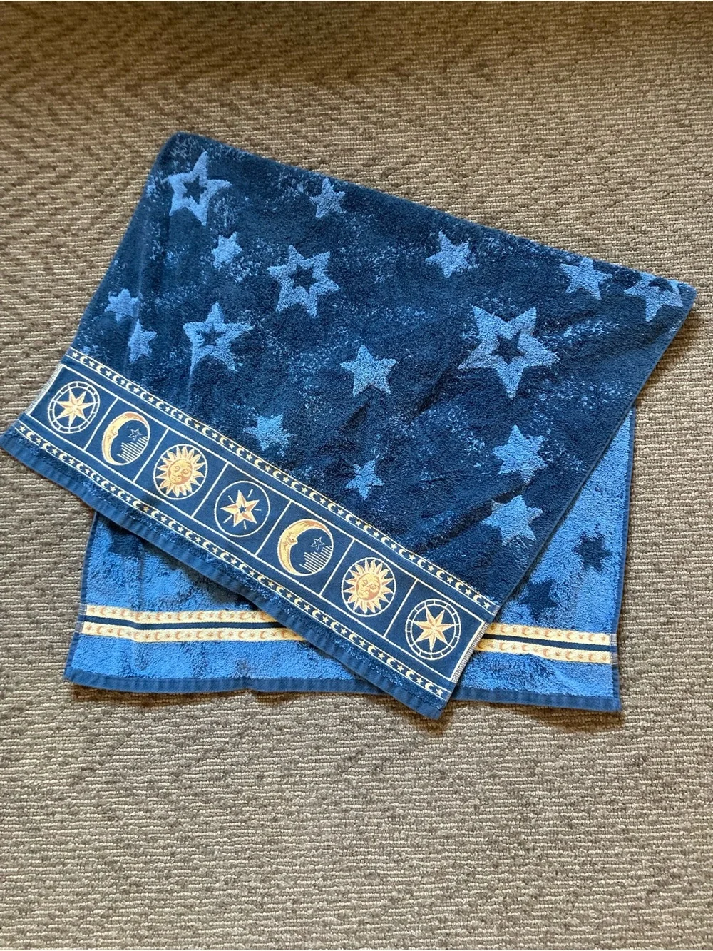 Vtg 90s Springmaid Celestial Bath Towel Navy Blue Sun Moon Stars Y2K Whimsigoth